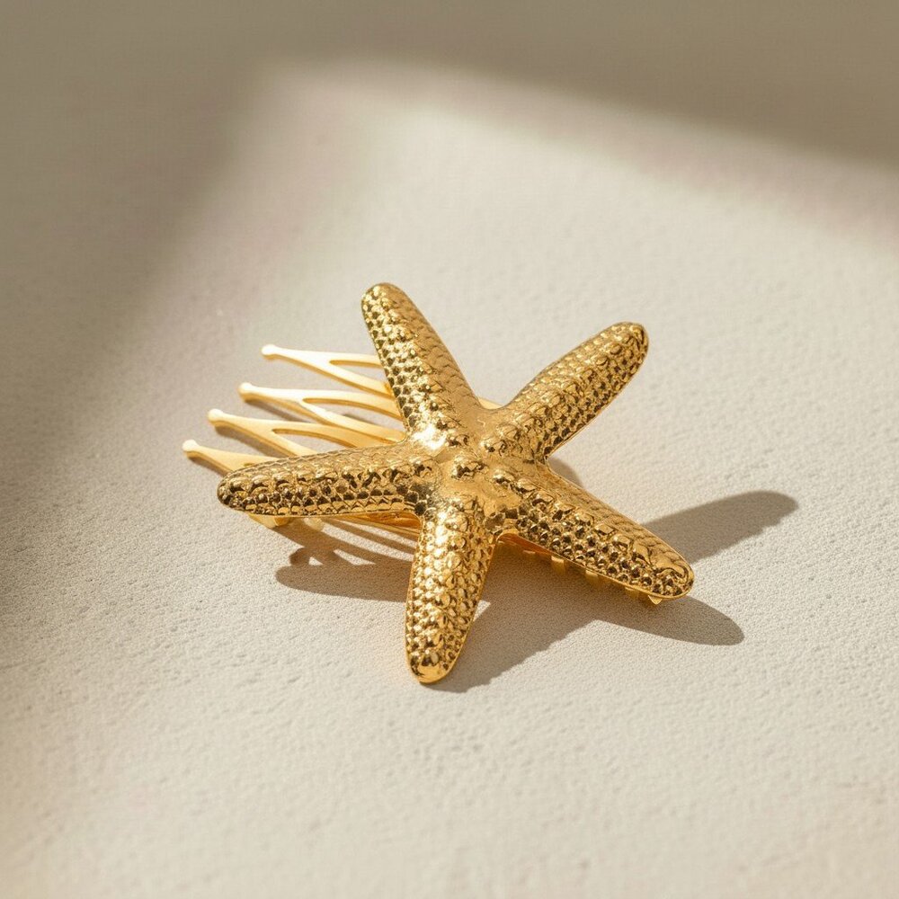 18K Gold Plated Stainless Steel Textured Starfish Coastal Hair Comb Waterproof